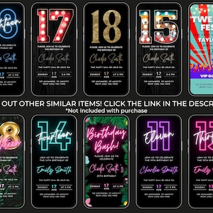 May include: A series of digital birthday party invitations on smartphone screens. The designs showcase neon numbers and event details. The invitations are for various ages, including 18, 17, 18, 15, 20, 18, 14, 25, 11, and 13. The invitations include the names Charlie Smith and Emily Smith.