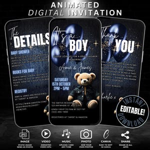 Digital Denim It&#39;s a Boy Baby Shower Invitation Itinerary Template & Thank You eCard, Self Edit Baby Shower Video Invite, We Can Bearly Wait