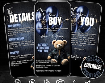 Digitaal denim It's a Boy babyshower uitnodiging reisplan sjabloon & bedankkaart, zelfbewerking babyshower video-uitnodiging, we kunnen wachten