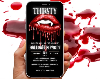 Adult Halloween Party Invitation Digital Invite, Thirsty for a Vampire Soiree, Halloween Dinner or Vampire Ball, Red and black invite, Goth