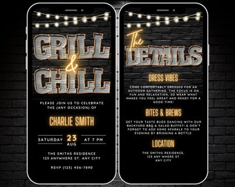 Sjabloon voor digitale Grill & Chill achtertuin BBQ-feestuitnodiging, verjaardag BBQ-uitnodiging voor telefoon, animatievideo zomercookout Evite en details