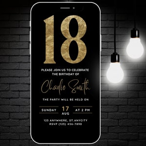 May include: Black and gold smartphone screen with an 18th birthday party invitation for Charlie Smith. The invitation includes the date, time, and location of the party.