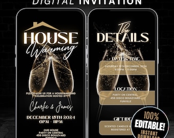 Könnte beinhalten: Animierte digitale Einladung zur Einweihungsparty. Das Design zeigt zwei Sektgläser, die anstoßen, mit goldenen Akzenten auf schwarzem Hintergrund. Die Einladung enthält Datum, Uhrzeit, Ort und RSVP-Informationen.