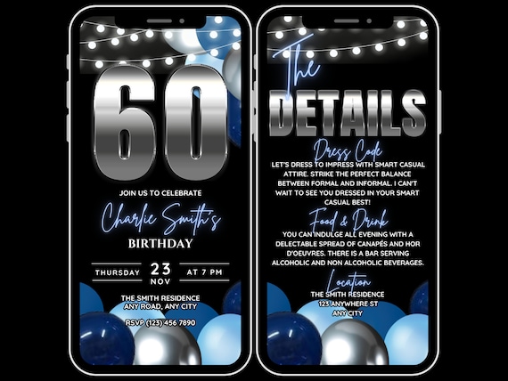 60th Birthday Invite for men, Animated Blue 60th BBQ Birthday evite.  Editable Template mens man cave bday. Backyard birthday party for him