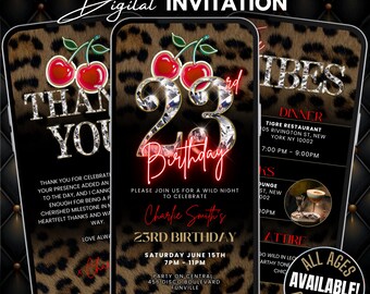 23rd Cheetah Print Birthday Invitation & Vibes Leopard Print Evite, Animated Red Cherry Party Flyer, Adult Birthday Dinner and Drinks Invite