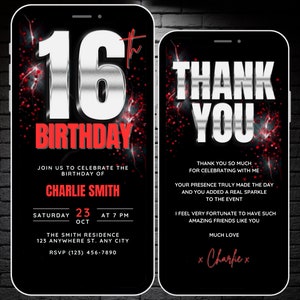 Faire-part pour 16 ans d'anniversaire pour garçons, argent, rouge noir, 16 ans, invitation vidéo, numérique modifiable pour fête d'anniversaire du 16e anniversaire et carte électronique de remerciement
