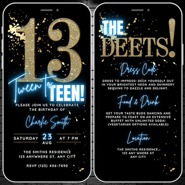 Animated Tween To Teen Birthday Party Invitation, Digital Blue 13th Birthday Invite for Girls Boys, Self Editable 13 Evite & Itinerary