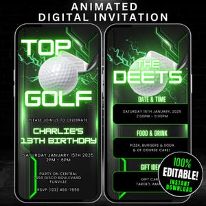 Digital Top Golf Birthday Party Invitation with Details, Editable Neon Golf Invitation Animated Video Evite, Golf Themed Birthday Invite