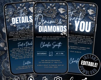 Digital Denim & Diamonds Party Invitation Itinerary Template and Thank You eCard, Self Edit Denim or Diamonds Birthday Dinner Video Invite