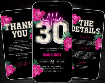 Puede incluir: Una invitación digital en negro y rosa para una fiesta de cumpleaños de 30 años. La invitación presenta un letrero de neón rosa "Aloha", un gran 30 con bombillas y flores tropicales. El texto de la invitación dice: "Únete a nosotros para celebrar el cumpleaños de Charlie Smith, sábado 23 de octubre a las 7:00 p. m., The Smith Residence, 123 Anywhere St., Any City, RSVP (123) 456-7890".
