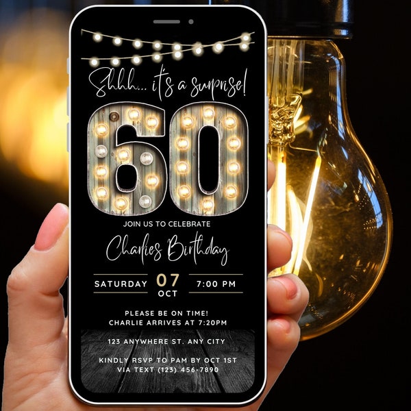 Surprise 60th Birthday Invitation for Men 60 Invite for Adults Phone Invitation Rustic Shhh Its a Surprise Invite Digital Invite for Him Guy