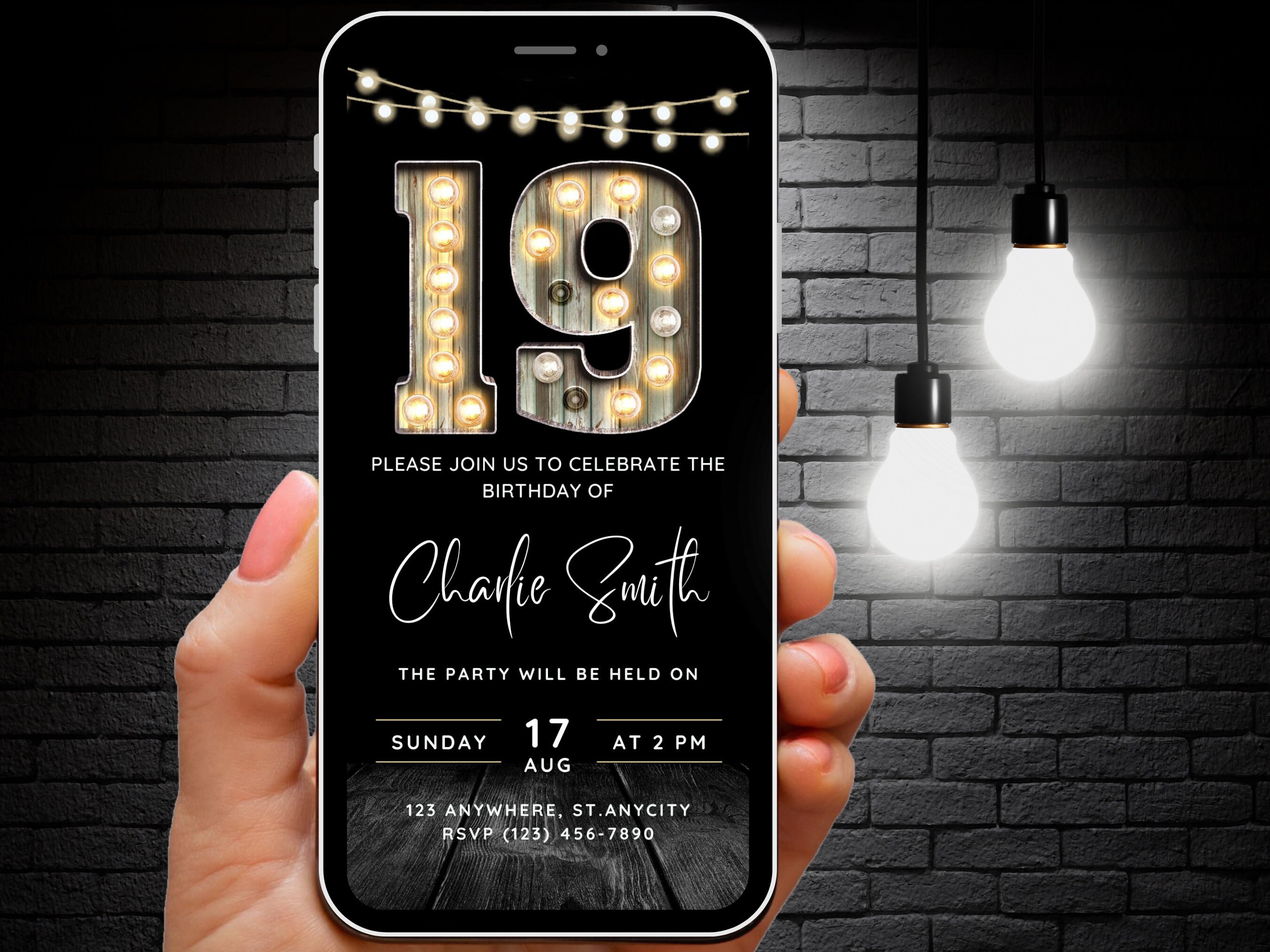 Invitación digital de cumpleaños número 19 para hombres, invitación de  cumpleaños número 19 para mujeres, fiesta rústica Evite luces de  marquesina, tarjeta electrónica de agradecimiento de diecinueve invitaciones  - Etsy México, image size:2700x2025