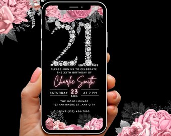 Digital 21st Birthday Invitation for Girls, 21st Invite Womens Editable Pink Floral Diamond Party Invitations, Twenty One Evite Template