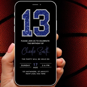 Digital 13th Birthday Party Invitation Digital, Editable 13 Year Old Birthday Invite Blue & Silver Glitter Bday Invite for Boys or Girls