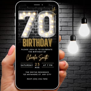 Invitación de cumpleaños número 70 para hombres, invitación digital número 70, plantilla Canva de invitación de oro negro, invitación de teléfono móvil para fiesta de setenta días SMS Evite