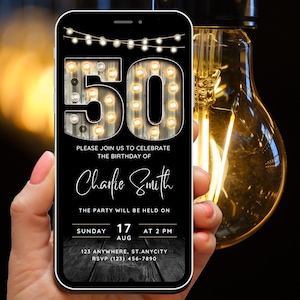 50th Birthday Party Invitation for Men, Invite for Adults, Electronic Invitation for Him, Marquee Number Invite, Digital Invitation, Evite