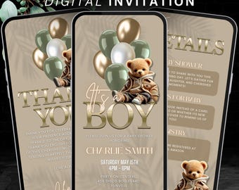 Digitale teddybeer babyshower uitnodigingsflyer, bewerkbare uitnodiging jongen beer, we Can Bearly Wait, safari thema babyshower uitnodigingsvideo