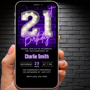 Descarga de plantilla de invitación de cumpleaños número 21 para mujeres, invitación de cumpleaños número 21, invitación editable divertida retro 21 fiesta digital Evite tarjeta electrónica moderna