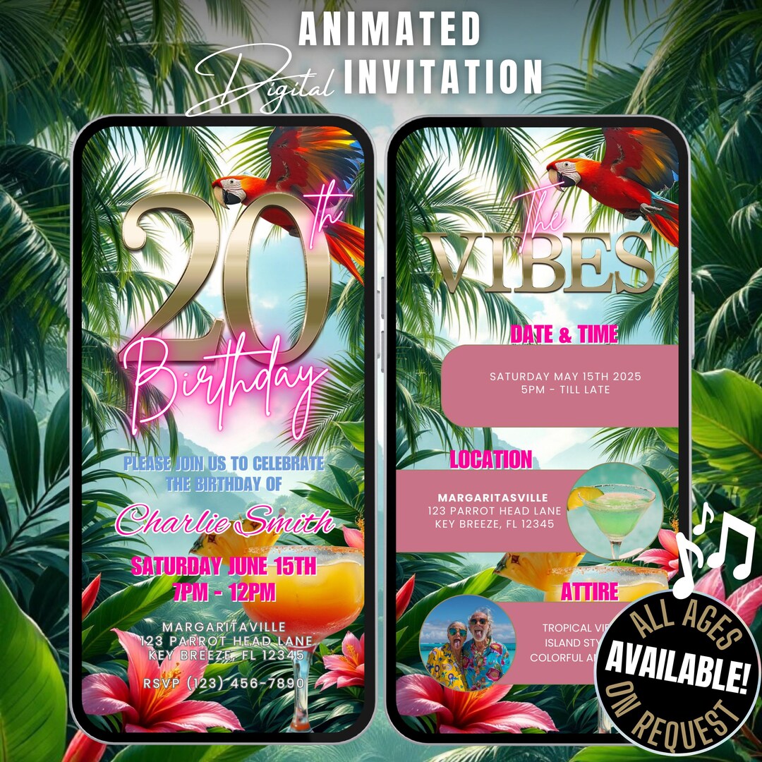 Invite Theme Digital 20th Tropical Party Invitation Itinerary Template, Editable ...