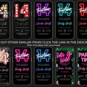 May include: A selection of digital birthday invitations on smartphone screens. The designs feature the number "14" or the word "Fourteen" in neon colours, with party details and names. The text "Let's Go Wild!" and "Party Time" are also displayed.