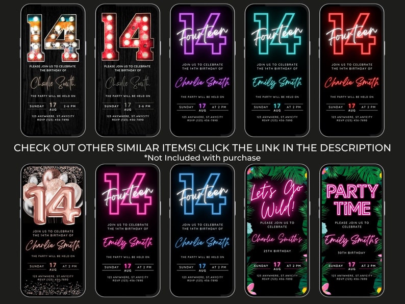May include: A selection of digital birthday invitations on smartphone screens. The designs feature the number "14" or the word "Fourteen" in neon colours, with party details and names. The text "Let's Go Wild!" and "Party Time" are also displayed.