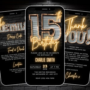Modelo de convite digital de 15 anos para meninos, 15 convites digitais animados, convite para festa de adolescente, itinerário Evite editável e cartão de agradecimento