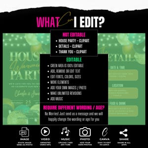 May include: A green and white printable invitation template for a housewarming party. The template features a green background with white text and a green and white clipart image of a house with lights. The text on the template includes the words "Housewarming Party", "Date & Time", "Location", and "Food & Drink". The template also includes a section for editable text and images.