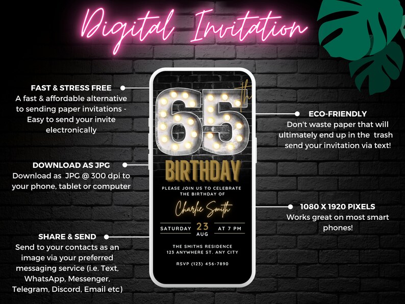 Mens 65th Birthday Invitation, 65th Digital Invite Black Gold ...
