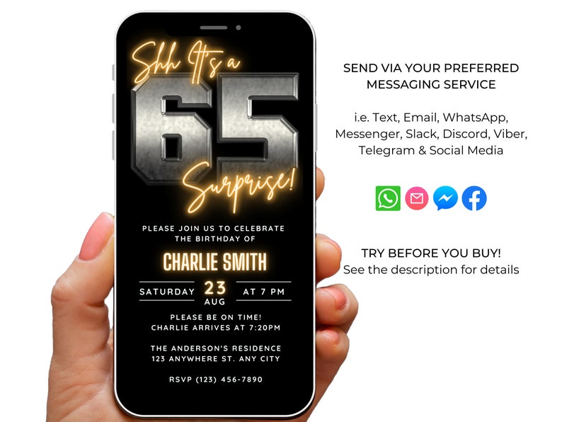 Surprise 65th Birthday Invitation Digital, Shh Its a Surprise Birthday ...