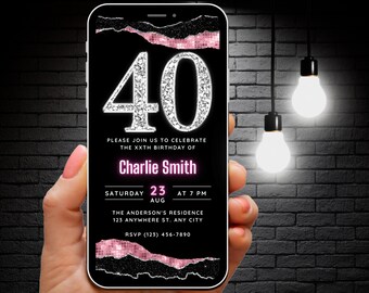 Digital 40th Birthday Invitation, 40th Diamond Invitation for women, Editable 40th Party invite Rose Gold, 40 Evite Forty Phone Invite