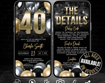 Animated 40th Birthday Party Invitation Digital, Editable Silver Black Gold Birthday Milestone Forty Invite with Details