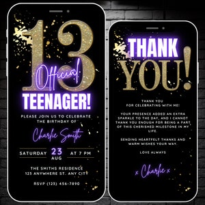 Invitation animée pour le 13e anniversaire des filles, modèle officiel d'invitation vidéo numérique pour la fête des adolescents, invitation de téléphone portable avec carte électronique de remerciement