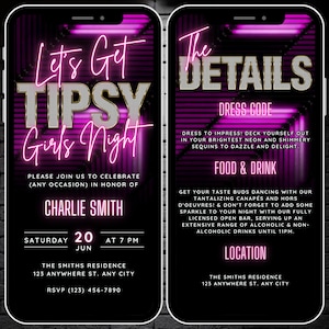 Digital Lets Get Tipsy Girls Night Invitation, Editable Neon Pink Girls Night Invite, Bachelorette Party Video Invite & Itinerary Template