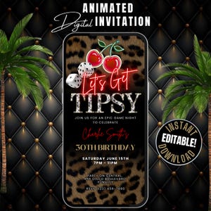 Cheetah Print Lets Get Tipsy Game Night Invitation Template, Animated Neon Red Cherry Game Night Invite, Adult Leopard Birthday Party Invite
