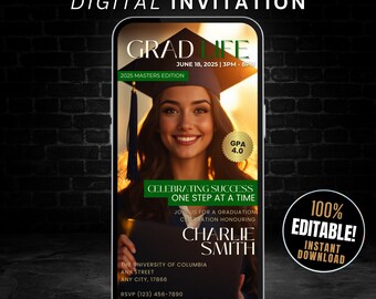 Digital Graduation Invitation Template, Editable Graduation Magazine Announcement Evite, Masters Degree, Class of 2025 Grad Party Invites