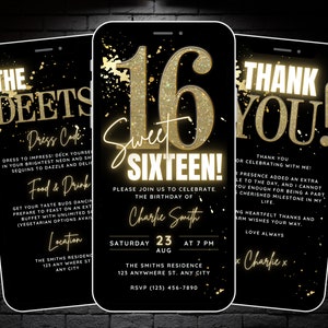 Convite animado Sweet 16 para meninos, convite editável para festa de 16 anos de meninas douradas, folheto digital de dezesseis com detalhes e cartão eletrônico de agradecimento