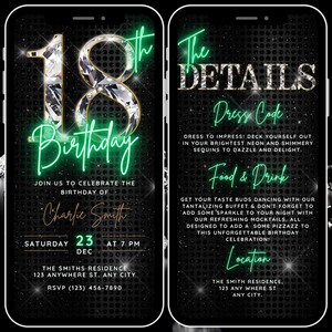 Animated 18th Birthday Digital Invite for Women, 18th Birthday Video Invitation, Diamond 18 Party Invite Itinerary Invitation, iPhone Evite