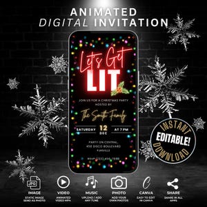Animated Digital Lets Get Lit Christmas Party Invitation, Editable Christmas Bar Crawl, Christmas Drinks Invite Template, Xmas Flyer Evite
