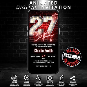 Digital 27th Birthday Party Video Invitation for Men or Women, Editable 27 Birthday Invite Template Neon Red, Animated Whatsapp Phone Flyer