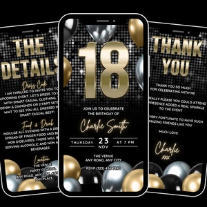 Invito animato per il 18° compleanno, invito alla festa 18 oro argento nero, invito a una festa personalizzata, download immediato della festa per adolescenti digitale del 18° compleanno