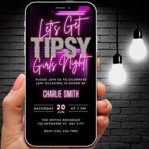 Digital Lets Get Tipsy Girls Night Out Invitation, Editable Neon Pink Girls Night Invite, Bachelorette Party Video Invite, Hen Do Evite