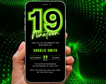 Animated 19th Birthday Invitation, 19th Digital Invite for Boy, 19 yr old Bday Video Invitation, Neon Invite Template, Mobile Phone Evite