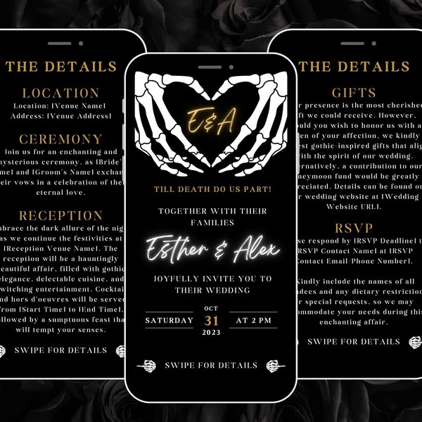 Unique Gothic Wedding Invitation Template, Digital Wedding Invite Until Death Do Us Part Goth Themed Halloween Wedding, Canva Templates