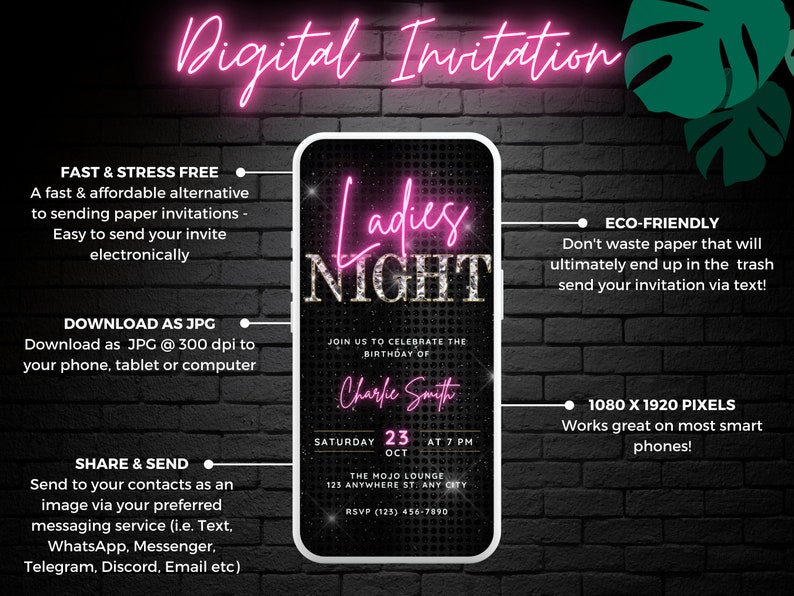 Glam Ladies Night Out Digital Invitation, Fun Birthday Invite Pink ...