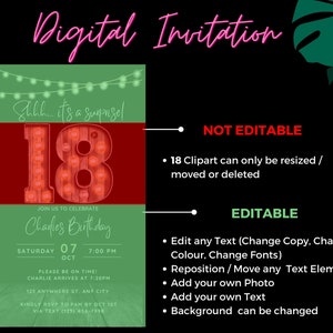 May include: Digital invitation for an 18th birthday party with a red and green color scheme. The invitation features a large number 18 made of light bulbs, with the text "Shh... it's a surprise!" above it. The invitation also includes the text "Join us to celebrate Charlie's Birthday" and details about the party, including the date, time, and location.