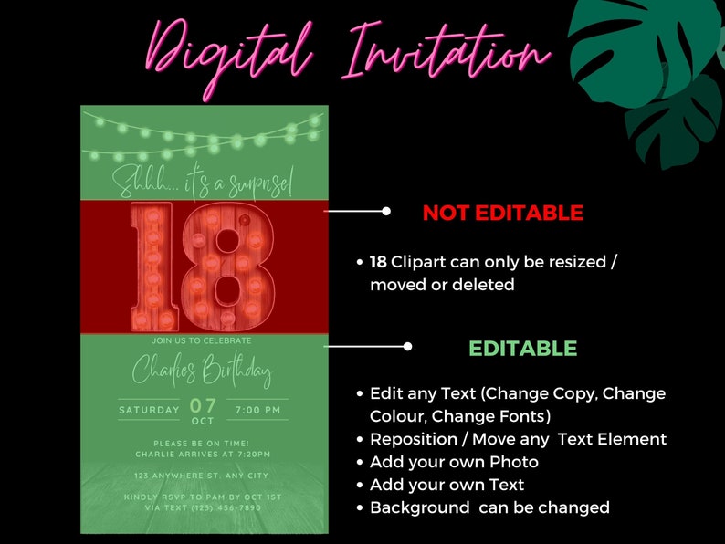 May include: Digital invitation for an 18th birthday party with a red and green color scheme. The invitation features a large number 18 made of light bulbs, with the text "Shh... it's a surprise!" above it. The invitation also includes the text "Join us to celebrate Charlie's Birthday" and details about the party, including the date, time, and location.