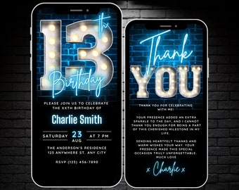 Digital 13th Birthday Invitation for Boys Girls 13th Birthday Invite Editable Template, Teenager Invite 13 year old Evite Thank You eCard