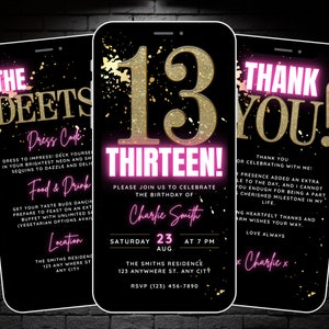 Mädchen zum 13. Geburtstag, Einladungsvorlage, Digitale Videoeinladung zum 13. Geburtstag mit Details & Dankeskarte, 13 Jahre alte Einladung