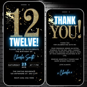 Faire-part 12e anniversaire animé pour filles, invitation numérique pour 12 anniversaires de garçons, carte virtuelle néon bleu auto-modifiable pour fête de 12 ans et remerciement