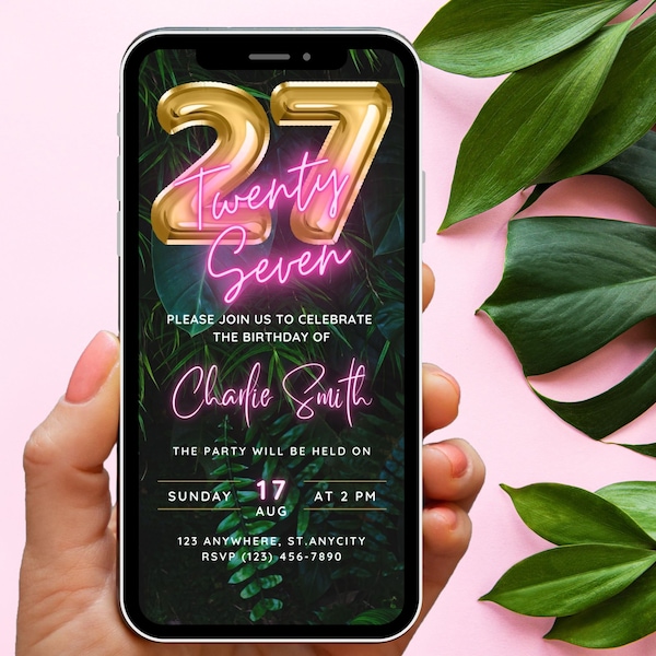 Electronic 27th Birthday Party Invitation, Digital Phone Text Message Evite, Pink Neon Tropical, Editable Template Invite, Instant Download